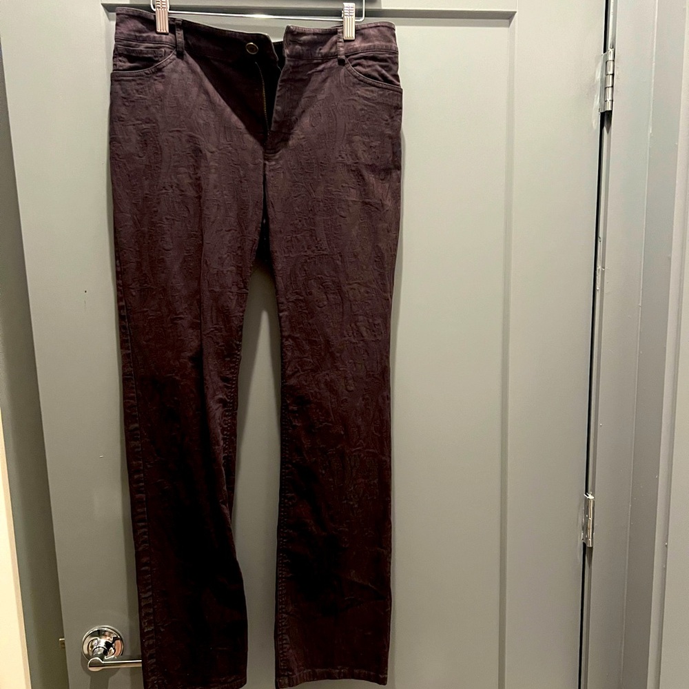 Doncaster brown pant - fun brocade type paisley texture to it